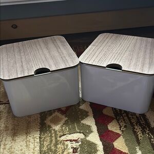 Set of Two White Storage Bins with Wood Lids